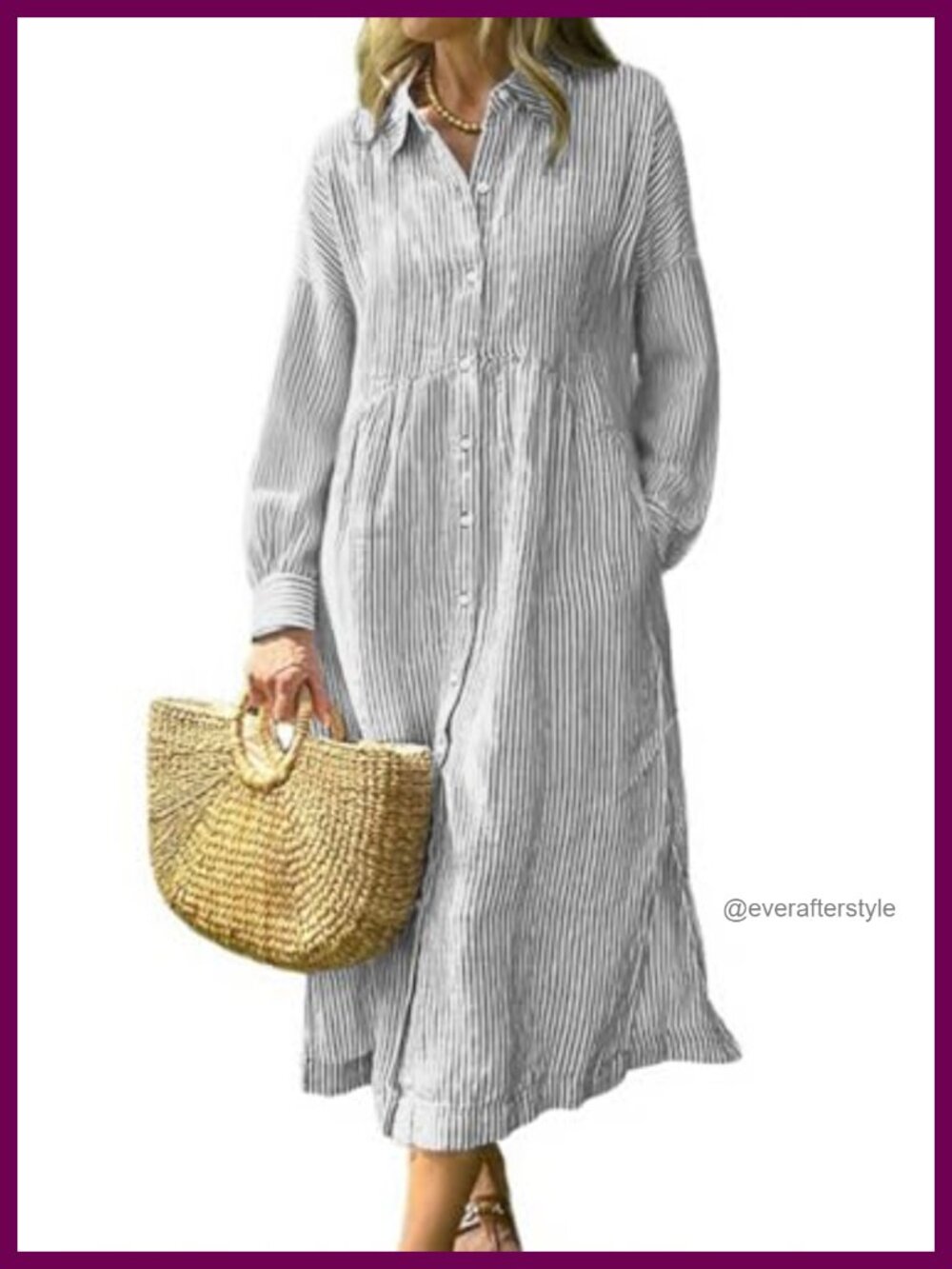Women's Striped Button Down Midi Shirt Dress Long Sleeve Cotton Business Casual